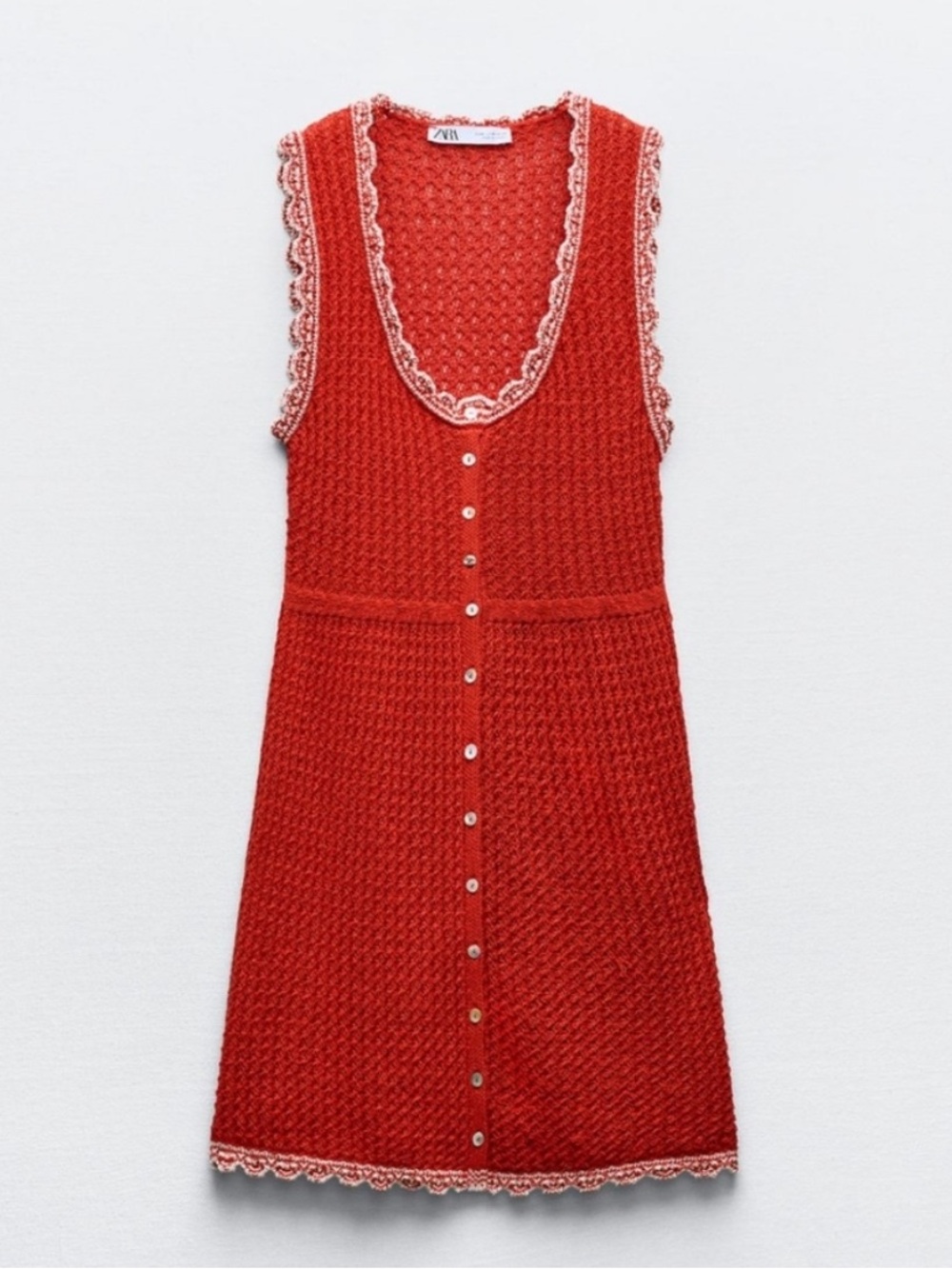 Zara Red Button-Front Knit Dress with Lace Trim in Sz: L - Picture 1 of 8